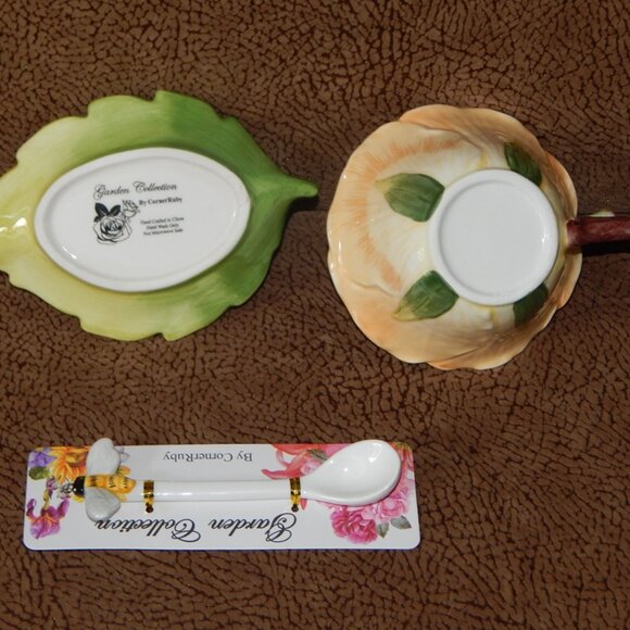 Corner Ruby Garden Collection Gold Sand Flower Teacup Leaf Saucer & Spoon New - Picture 12 of 12